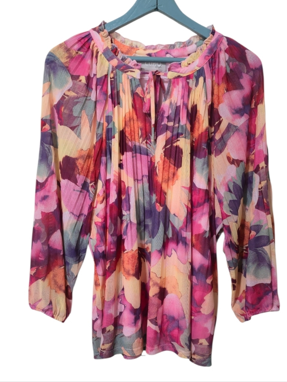 Cupio Blush 2XL Sheer Pleated Tie Neck Blouse Pink Floral Artsy Summer Brunch